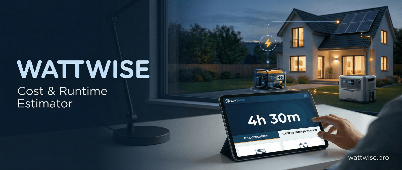 WattWise — Your Pro Power Runtime Estimator. Shows a house with solar panels, a fuel generator, and a battery station alongside the WattWise app displaying a 4h 30m runtime estimate.